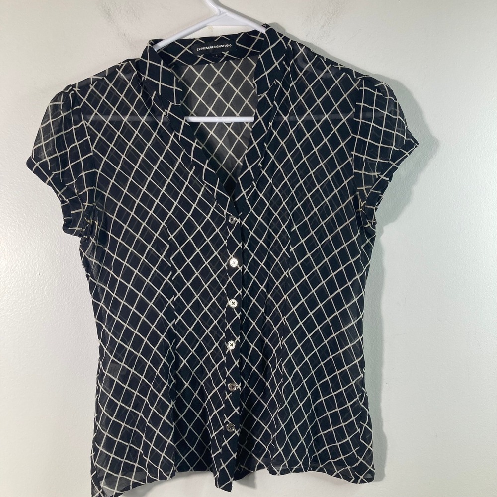 Womens Express Design Studio Silk Button Shirt Black Cream Geometric‎ S Silk